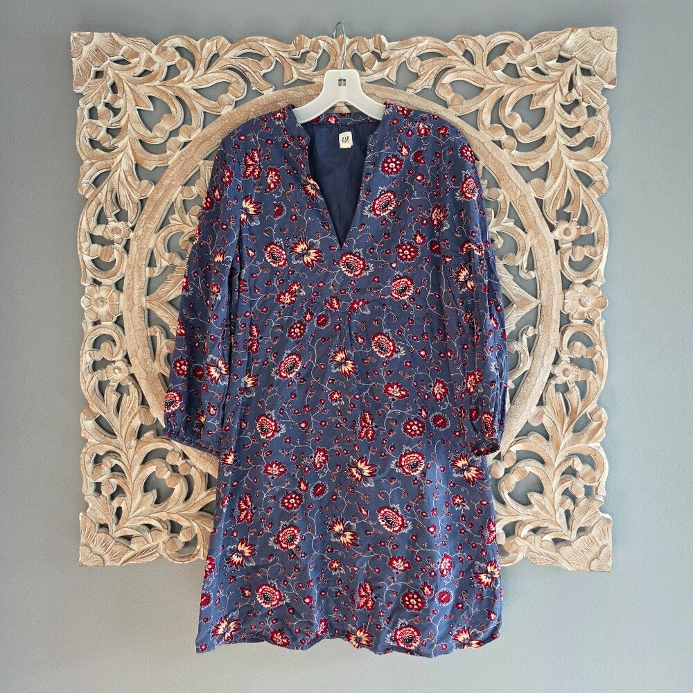 Gap Women's Floral V-Neck Long Sleeve Shift Dress Blue Floral SZ XS Lined